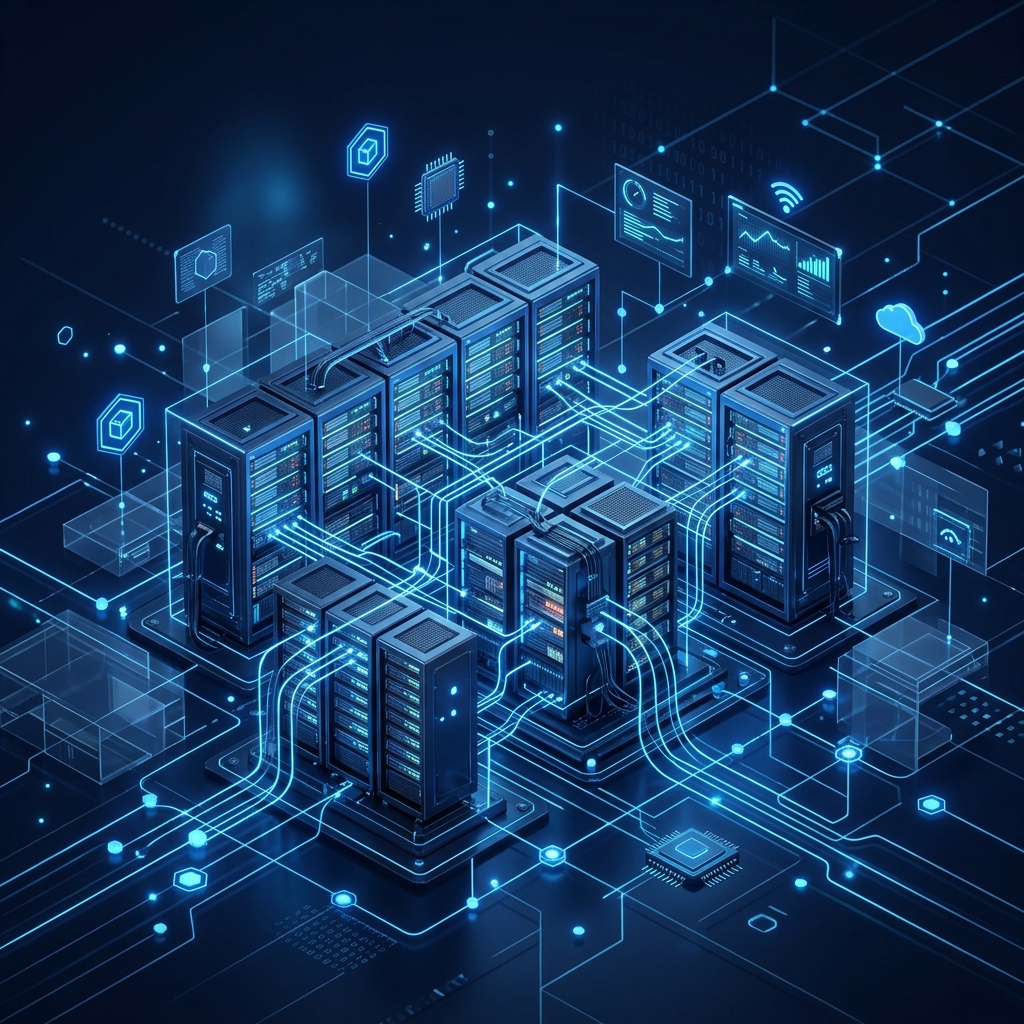 High-tech server infrastructure showing cloud cloud-native automation